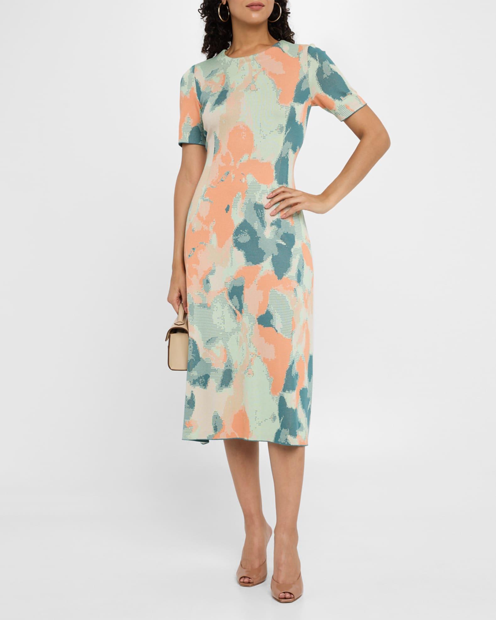Floral Knit Short-Sleeve A-Line Midi Dress Product Image