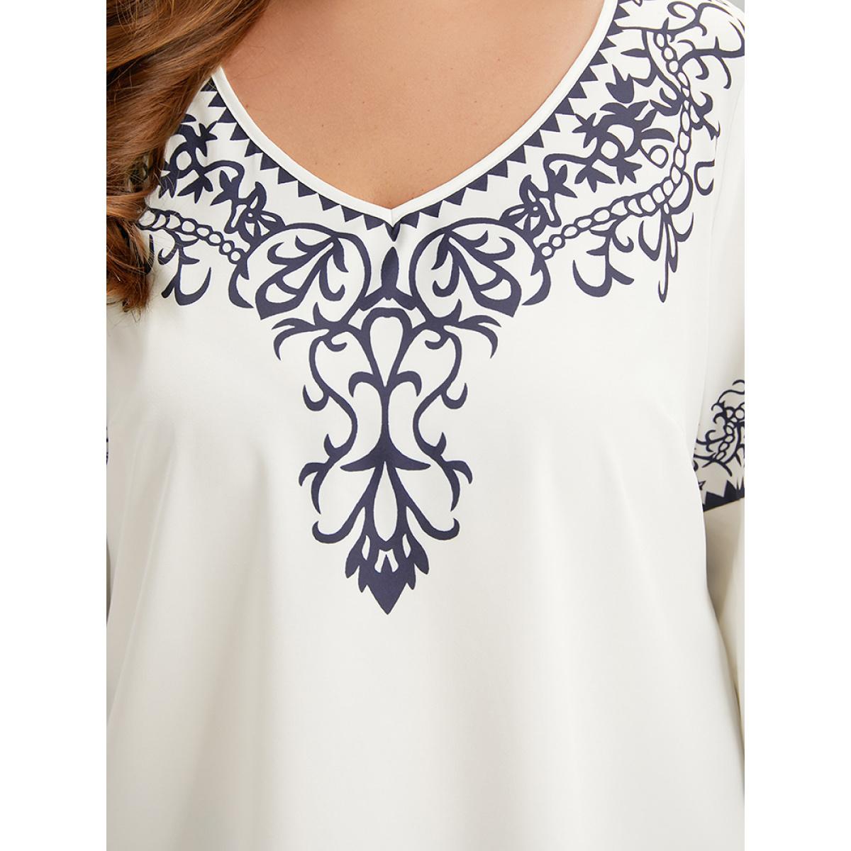 Plus Size WhiteSmoke Boho Print V Neck Petal Sleeve Blouse Women Vacation Elbow-length sleeve V-neck Dailywear Blouses BloomChic 18-20/2X Product Image