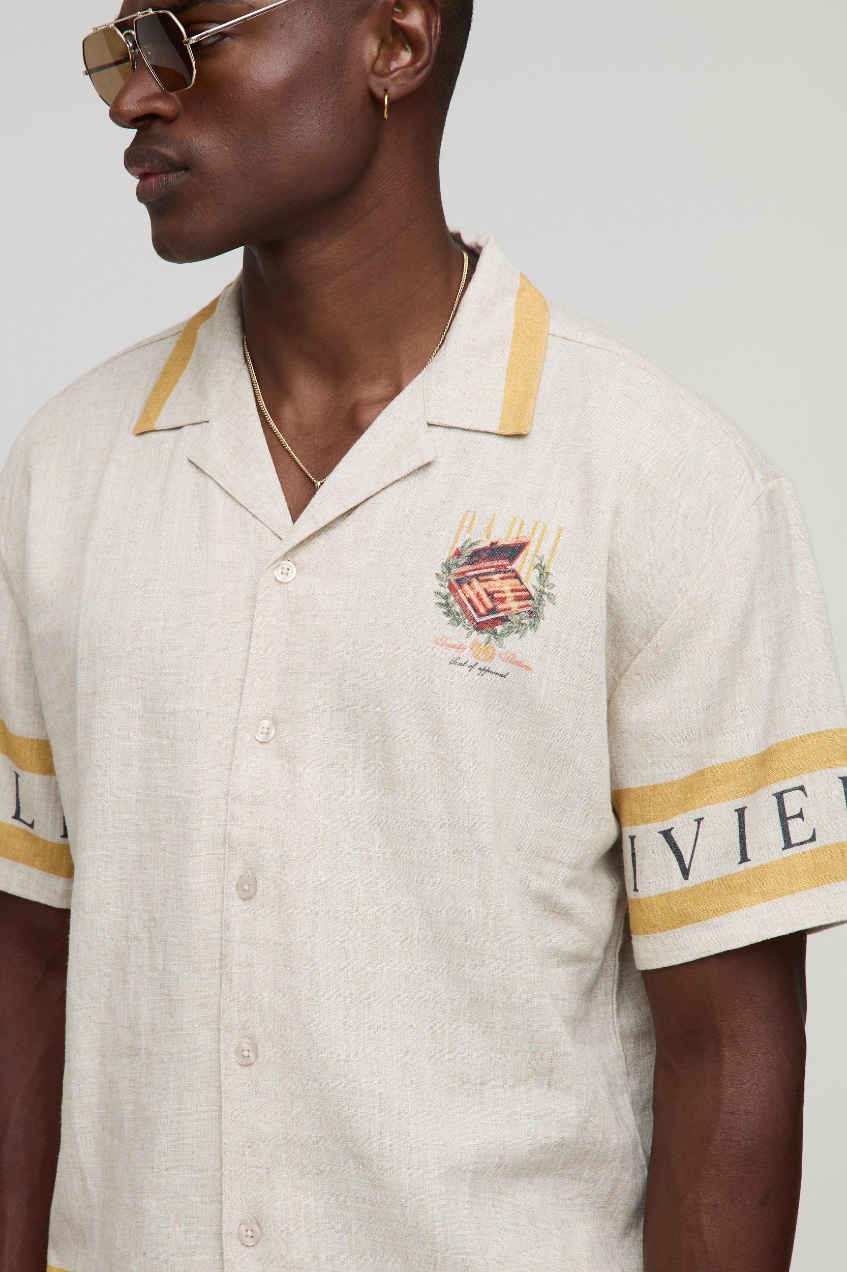 Oversized Heavyweight Linen Border Print Riviera Shirt & Short Set | boohooMAN USA Product Image