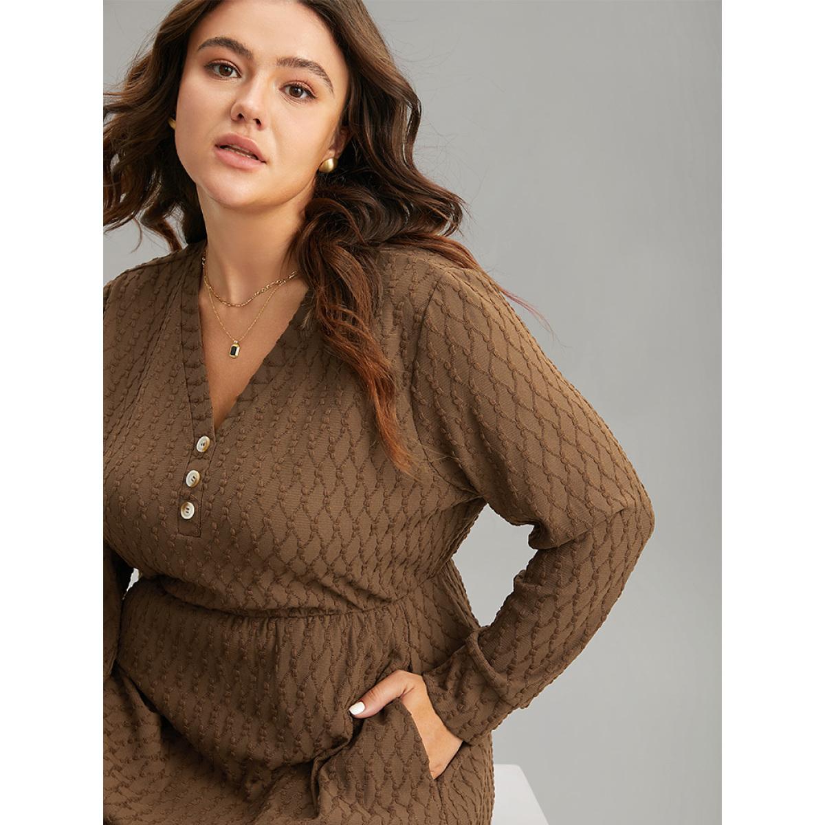 Plus Size Plain Texture Jacquard Button Detail Pocket Dress Chocolate Women Casual Texture V-neck Long Sleeve Curvy Midi Dress BloomChic 26/4X Product Image