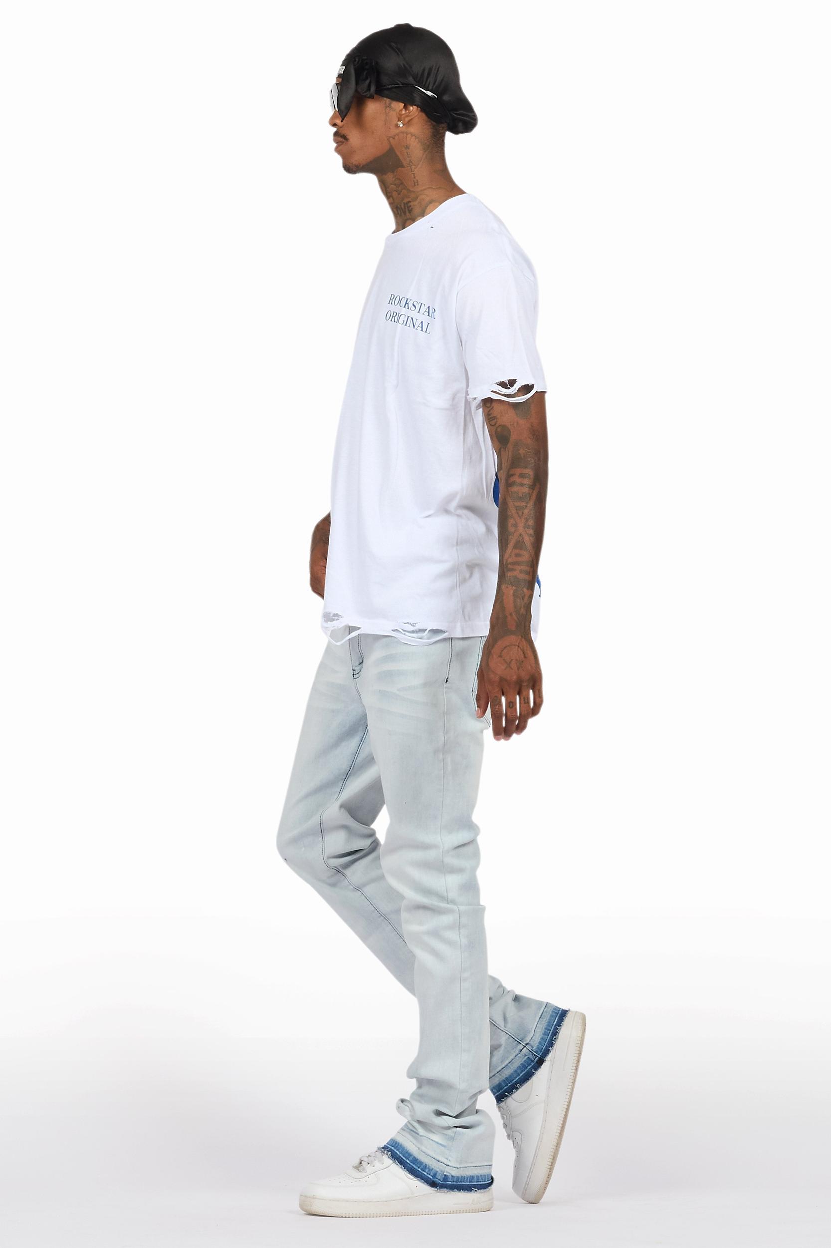 Drako White/Blue Oversized Graphic T-Shirt/Dag Stacked Flare Jean Set Male Product Image