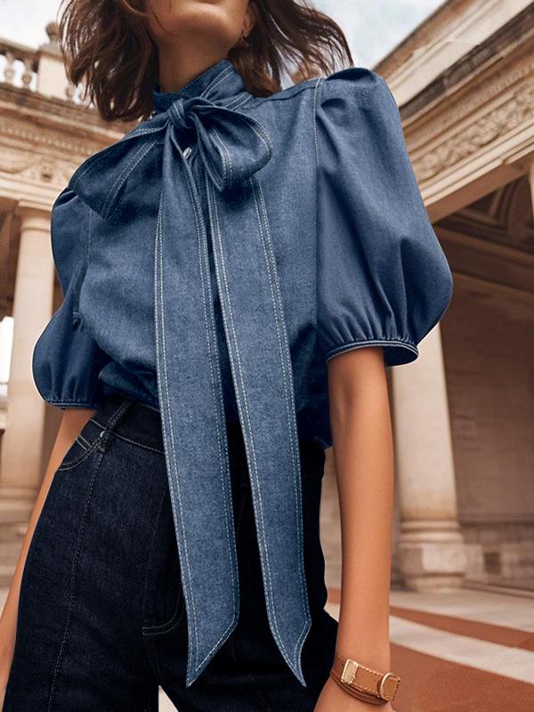 Long Sleeves Puff Sleeves Bow-Embellished Buttoned Split-Joint Tied High Neck Blouses&Shirts Tops Product Image