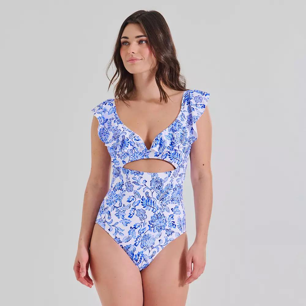 Women's Freshwater Ruffle V Wire One-Piece Swimsuit, Size: XXL, Oia Floral Product Image