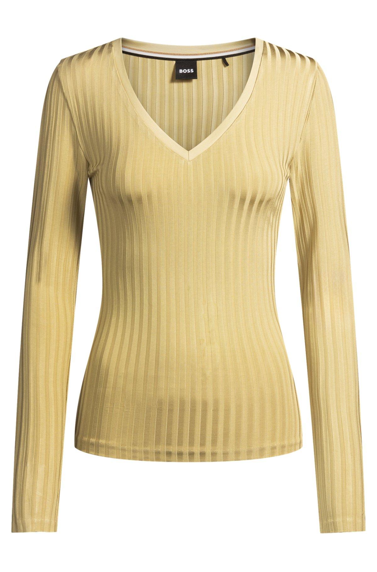 Long-sleeved V-neck top in lustrous ribbed jersey Product Image