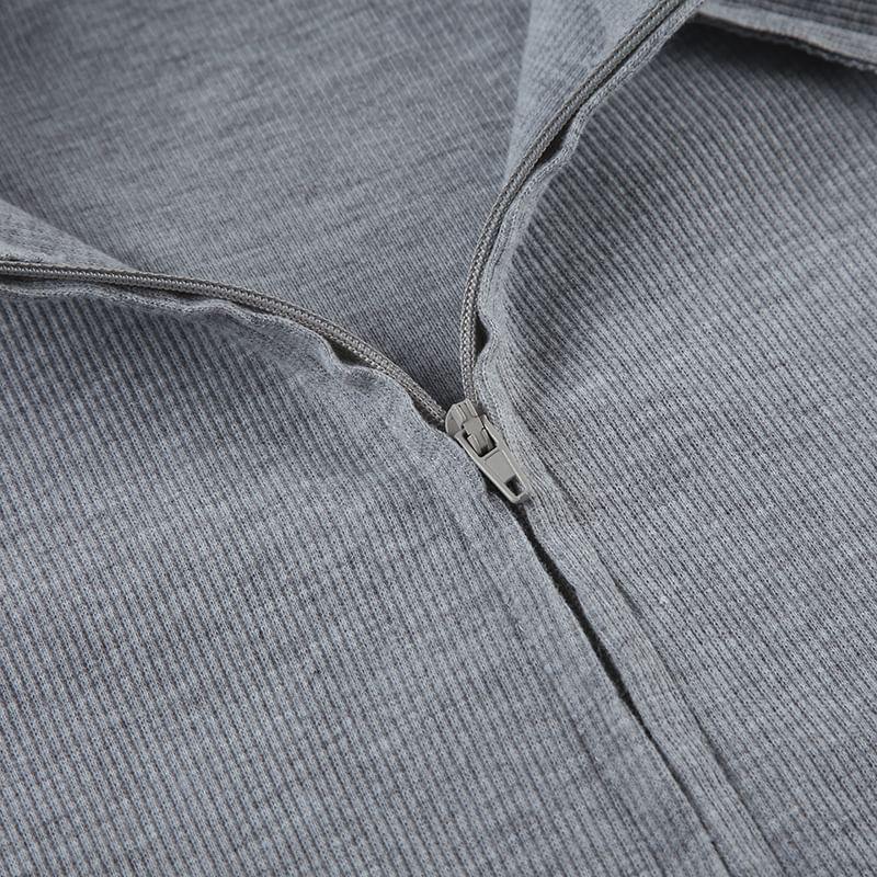 Stand Collar Plain Zip Jacket / Mid Waist Plain Flared Sweatpants Product Image