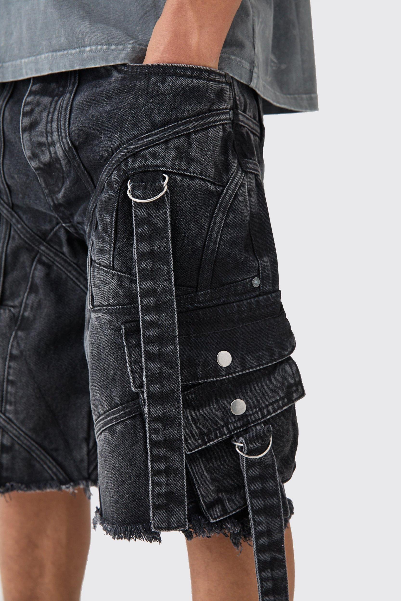 Oversized Strap And Buckle Detail Denim Jorts | boohooMAN USA Product Image