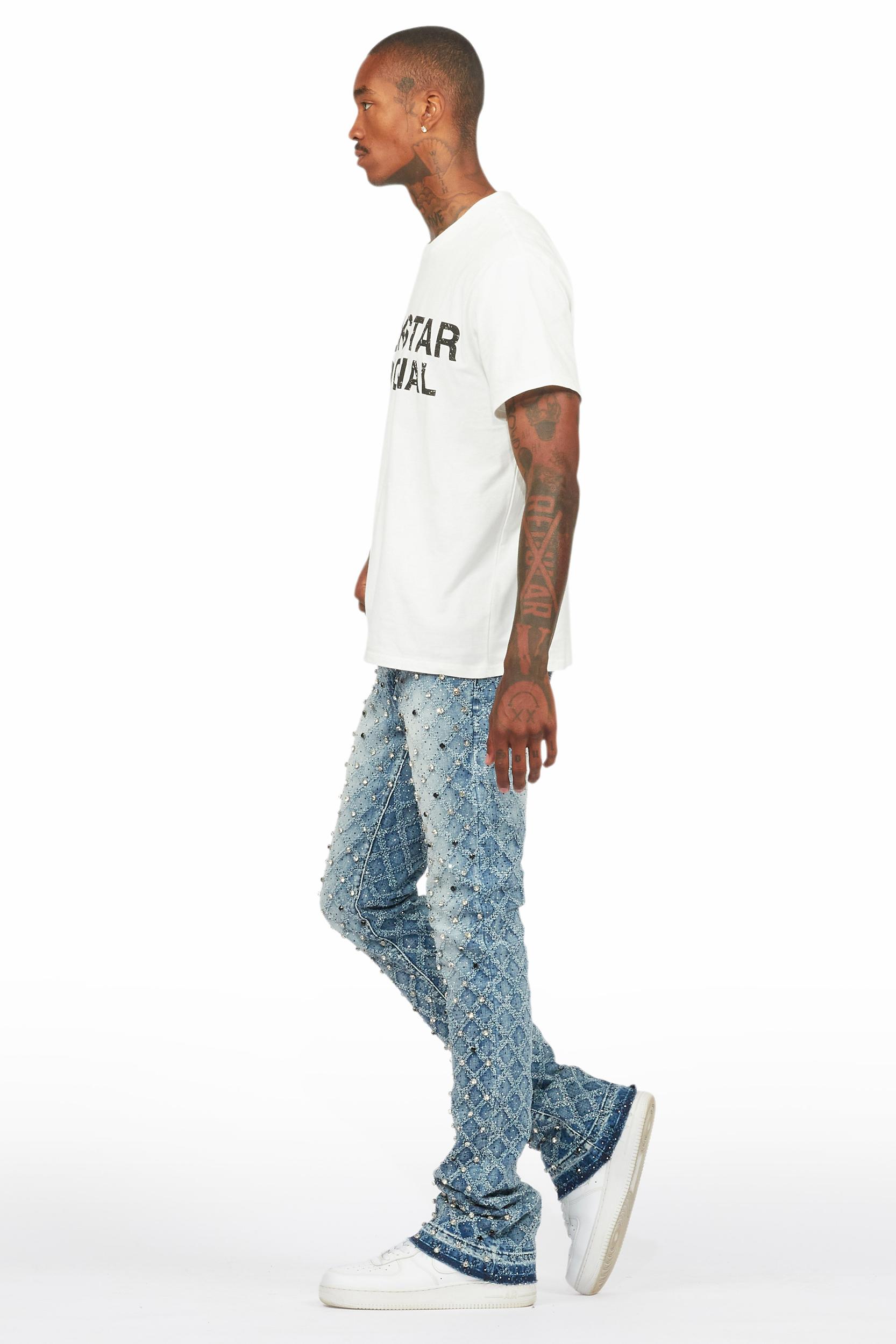Glit Dark Blue Rhinestone Stacked Flare Jean Male Product Image