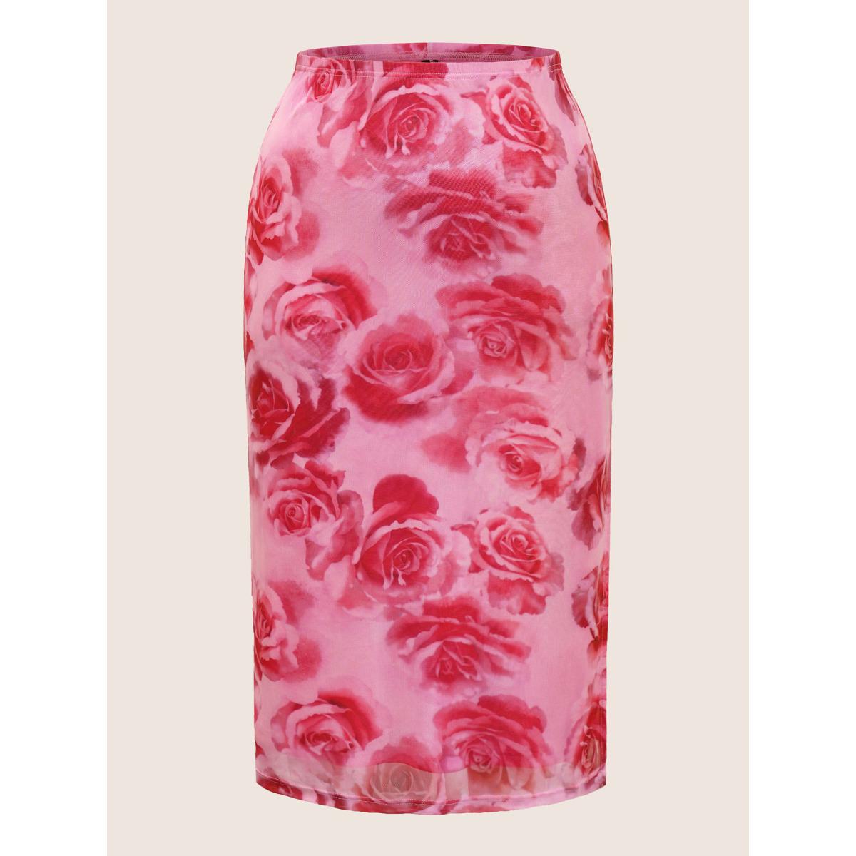 Plus Size Floral Mesh Split Side Cropped Skirt Women Watermelon Elegant Non Low stretch Everyday Skirts BloomChic 22-24/3X Product Image