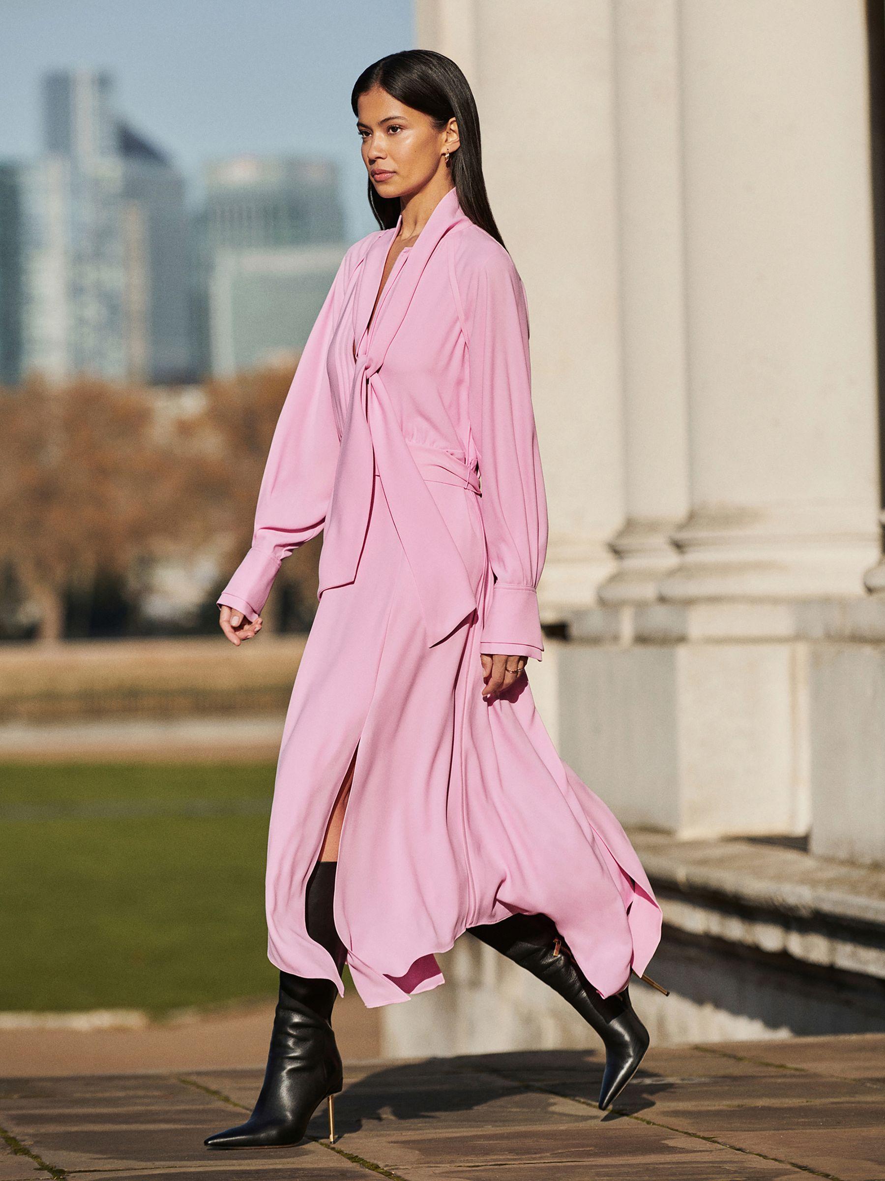 Tie Neck Zip Front Midi Dress in Pink Product Image