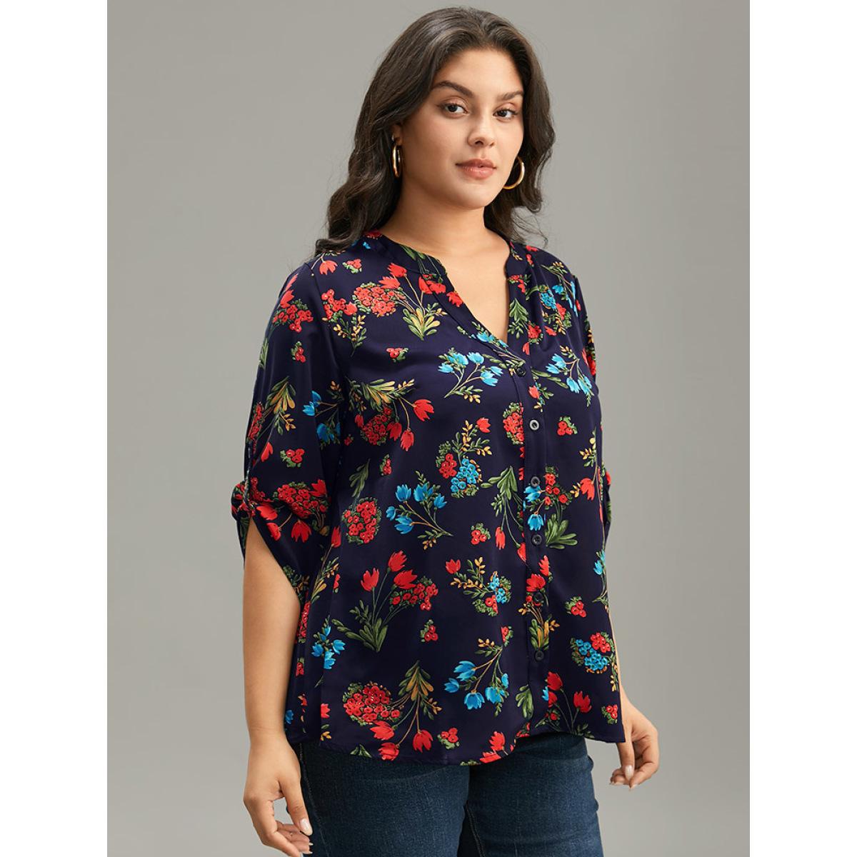 Plus Size Indigo Floral Print Notched Tab Sleeve Blouse Women Elegant Long Sleeve V-neck Dailywear Blouses BloomChic 10/M Product Image