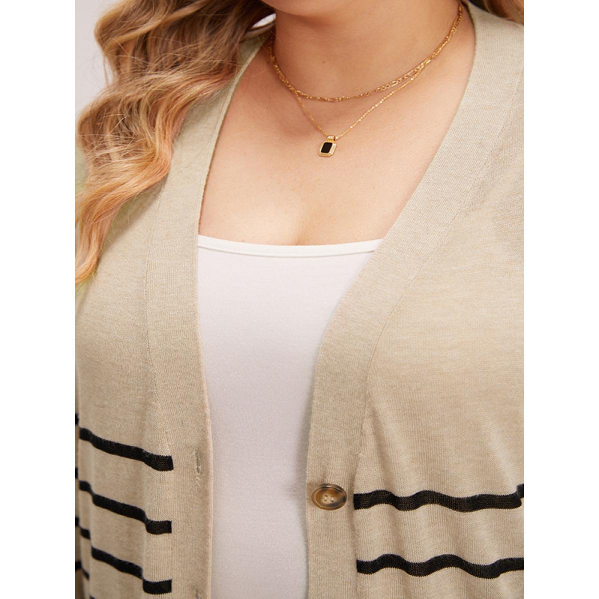 Plus Size Supersoft Essentials Striped Button Fly Tunic Cardigan Champagne Women Casual Loose Long Sleeve Dailywear Cardigans BloomChic 12/L Product Image