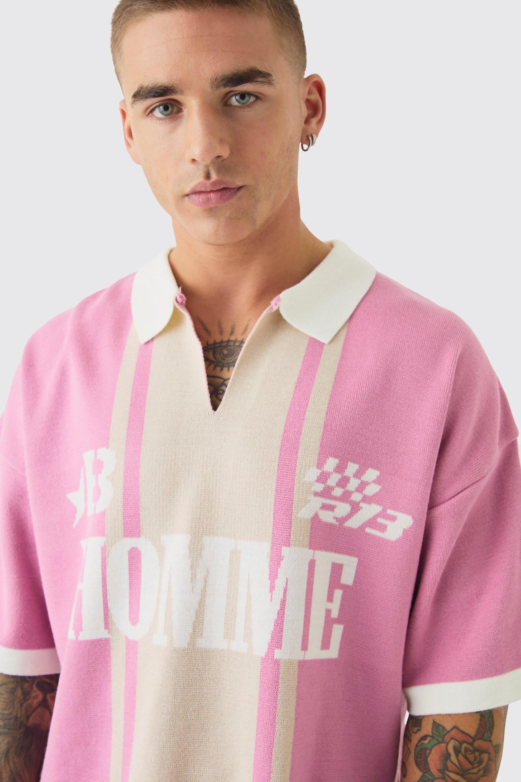 Oversized Boxy Football Knitted Polo | boohooMAN USA Product Image