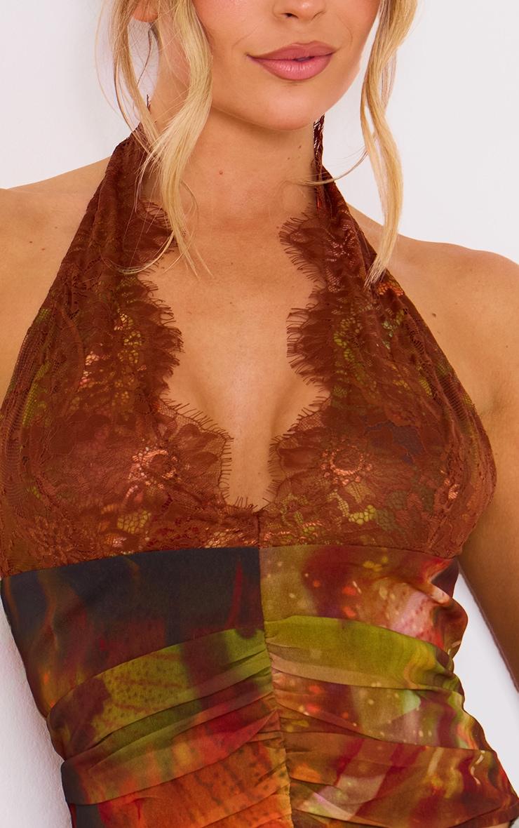 Orange Lace Detail Chiffon Printed Plunge Long Top Product Image