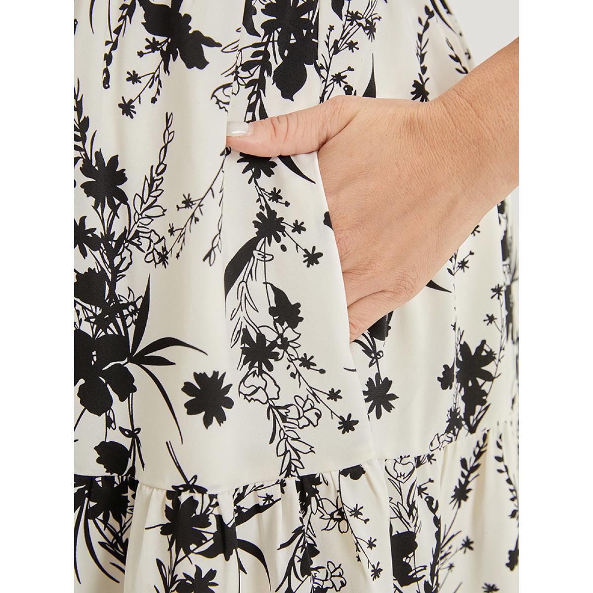 Plus Size Floral Puff Sleeve Pocket Ruched Drawstring Ruffle Dress Black Women Elegant Lined Square Neck Short sleeve Curvy Midi Dress BloomChic 30/6X Product Image