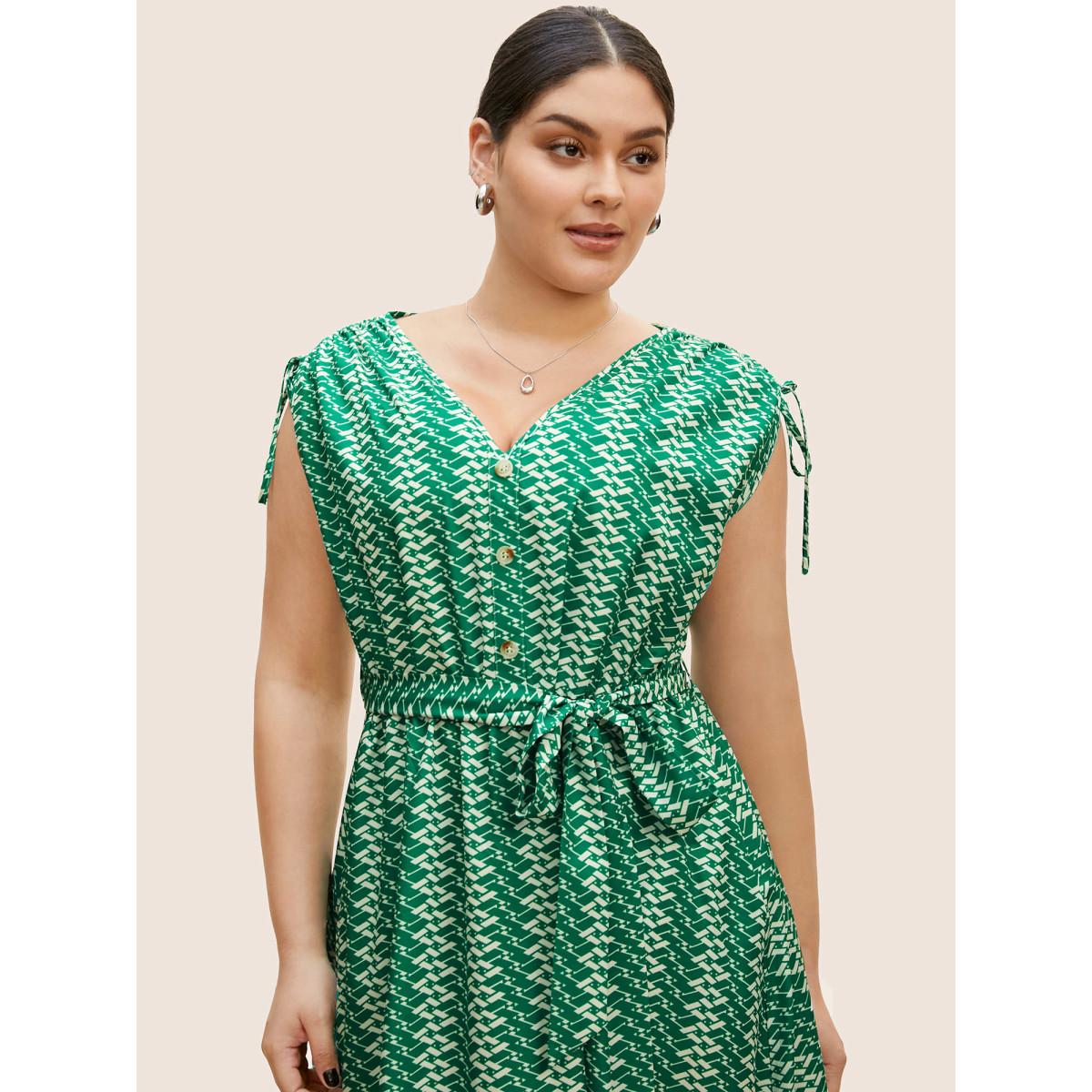 Plus Size Geometric Drawstring Cap Sleeve Midi Dress Malachitegreen Women At the Office Belted V-neck Cap Sleeve Curvy BloomChic 14-16/1X Product Image