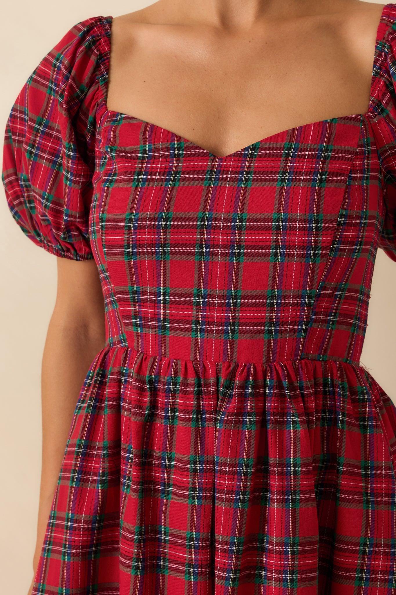 Always You Cotton Red Plaid Puff Sleeve Midi Dress Product Image