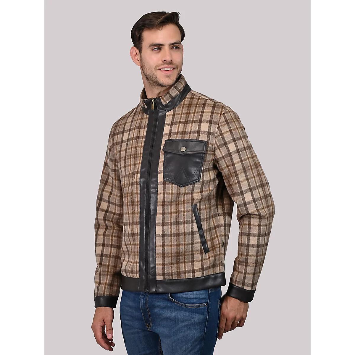 Men's Faux Wool Plaid Jacket in Beige Product Image