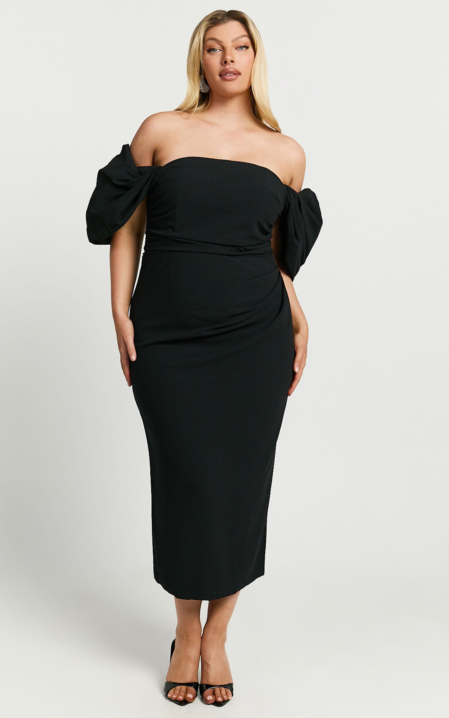 Lohan Midi Dress - Off Shoulder Puff Sleeve in Black Product Image