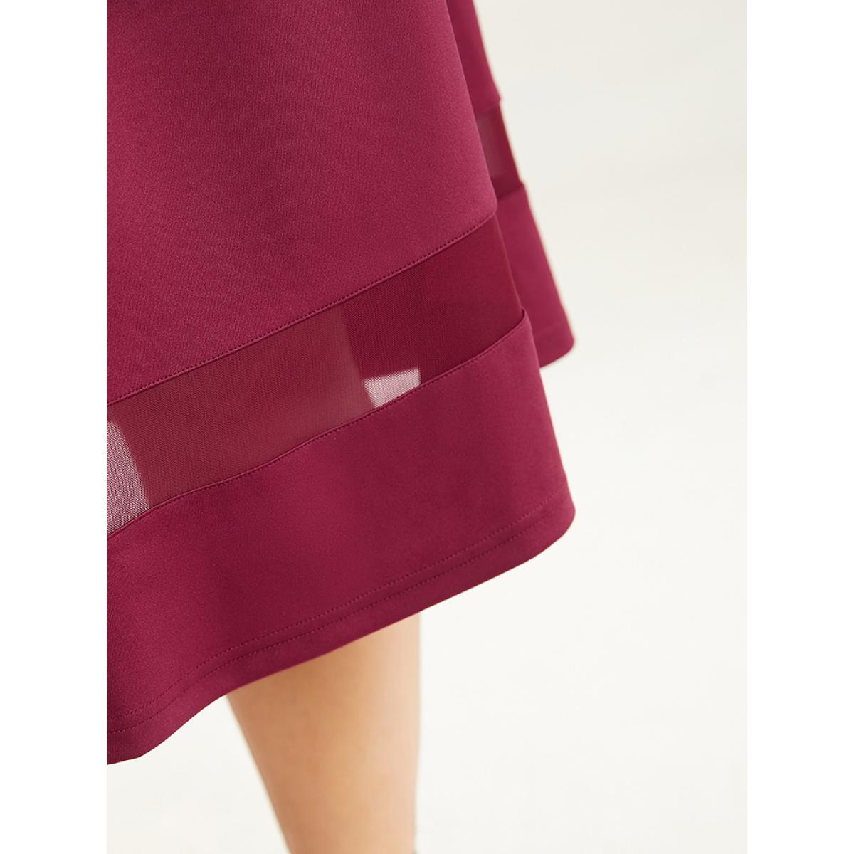 Plus Size Patchwork Mesh Pocket Belted Dress Burgundy Women Elegant See through Round Neck Elbow-length sleeve Curvy Midi Dress BloomChic 26/4X Product Image