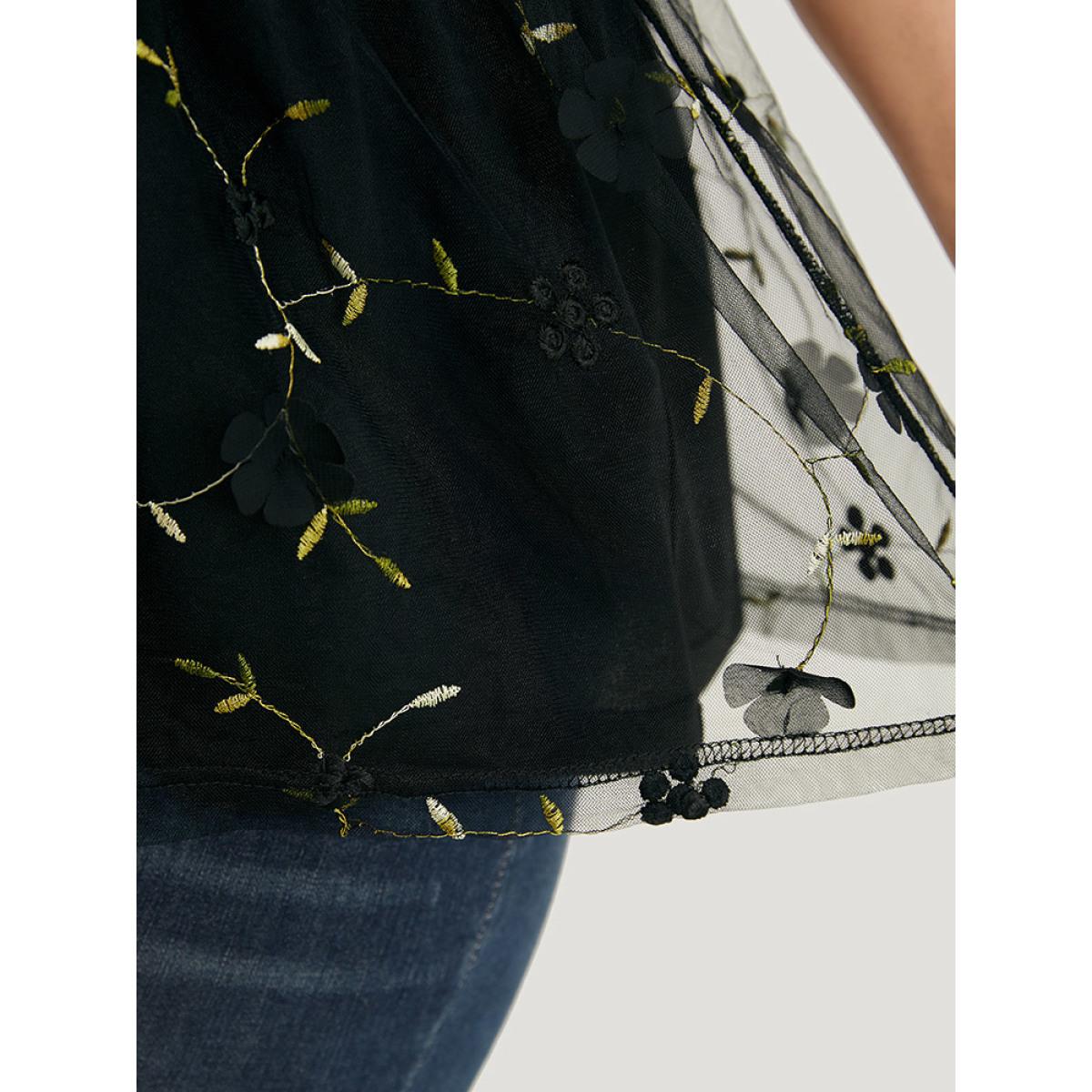 Plus Size BlackFlower Plant Embroidered Appliques Mesh Puff Sleeve Blouse Women Party Short sleeve Square Neck Going out Blouses BloomChic 12/L Product Image