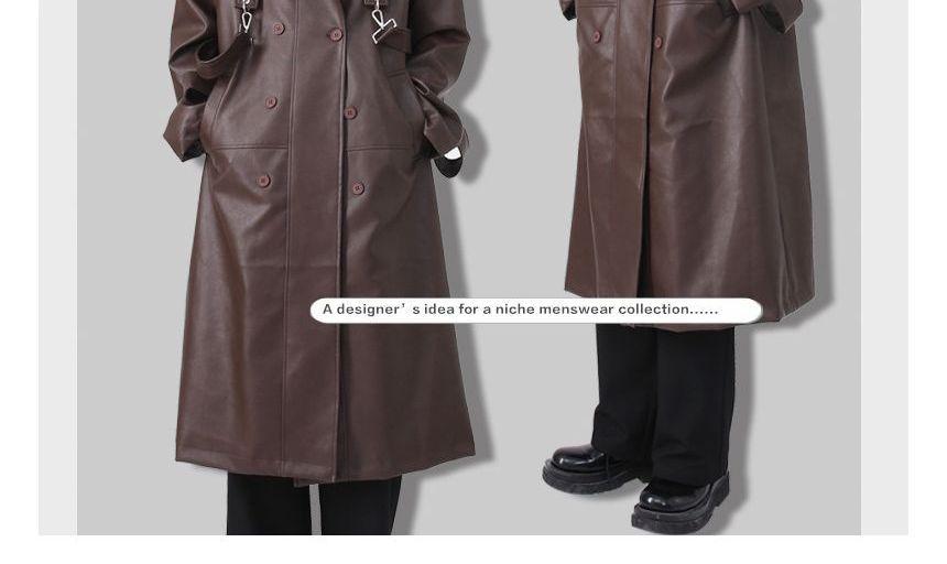 Lapel Collared Faux Leather Double Breasted Long Coat Product Image