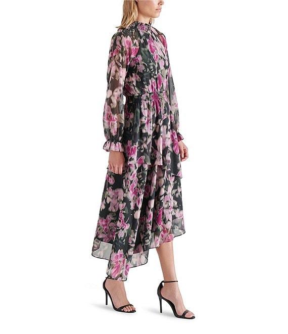 Steve Madden Starla Chiffon Floral Print Mock Neck Long Sleeve Midi Dress Product Image