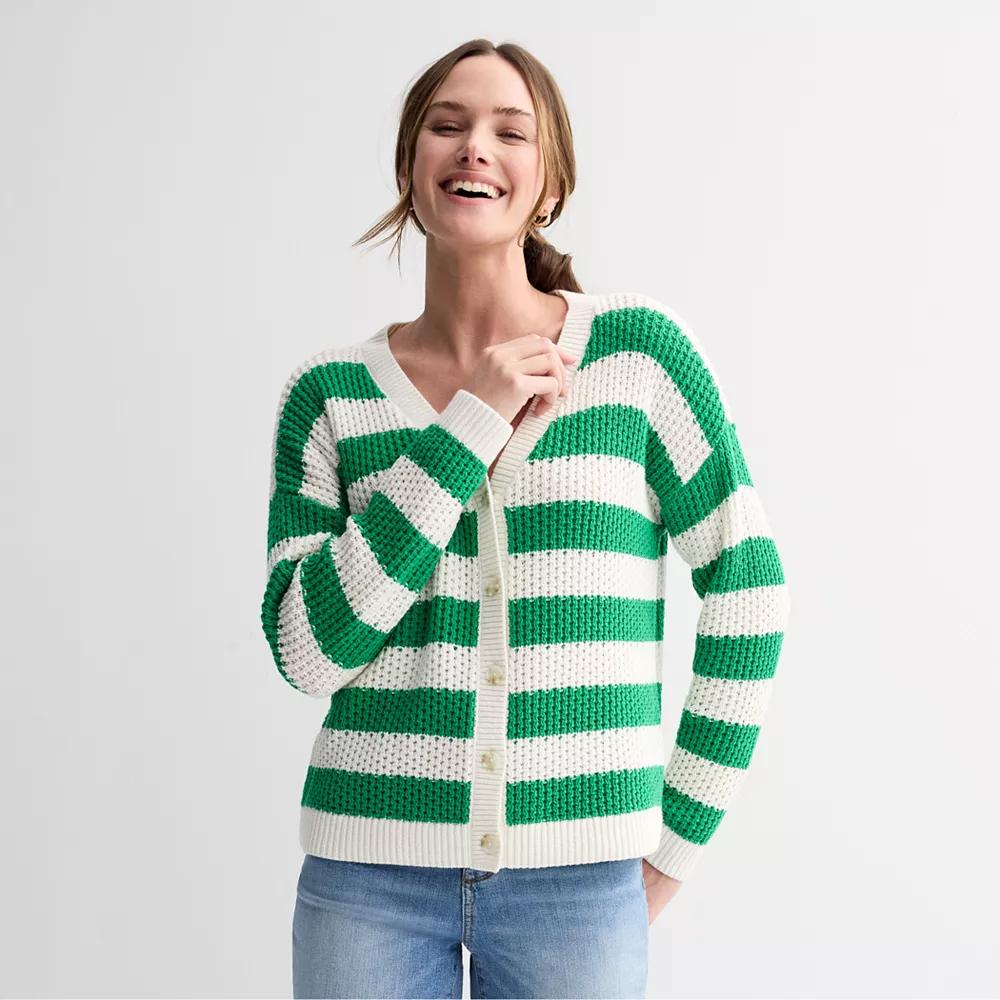 Petite Sonoma Goods For Life® Button-Front Cardigan, Women's, Size: XXL Petite, Bold Green Stripe Product Image