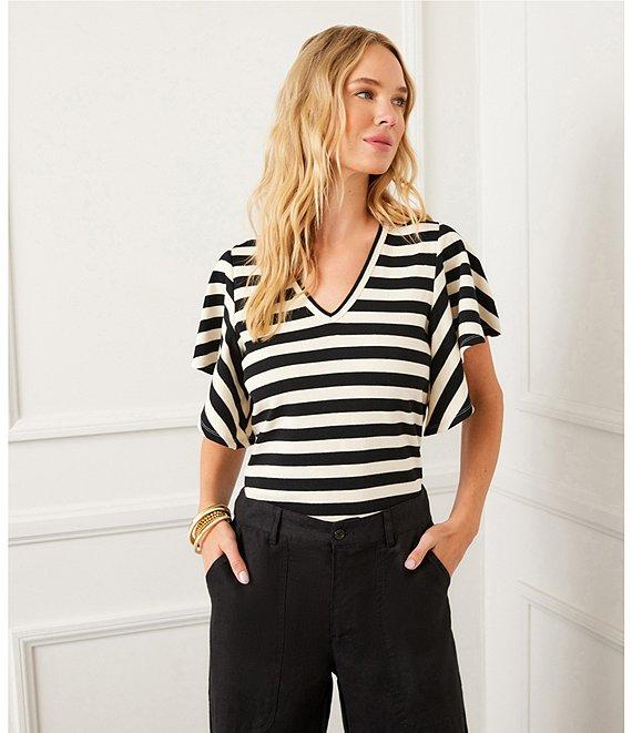 Karen Kane Knit Stripe V-Neck Short Flutter Sleeve Top Product Image