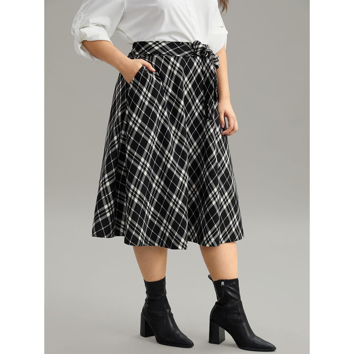 Plus Size Plaid Elastic Waist Knot Ties Skirt Women Black Office Cross straps No stretch Pocket Work Skirts BloomChic 30/6X Product Image