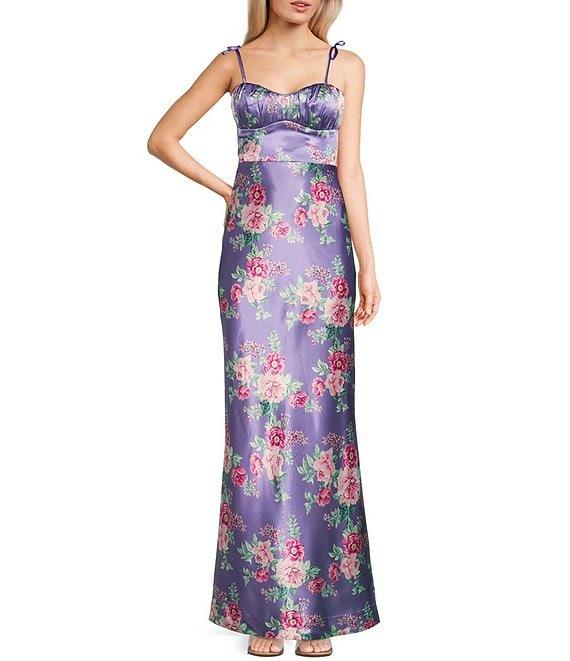 Pear Culture Reversible Printed Floral Satin to Solid Sweetheart Neck Spaghetti Straps Dress Product Image