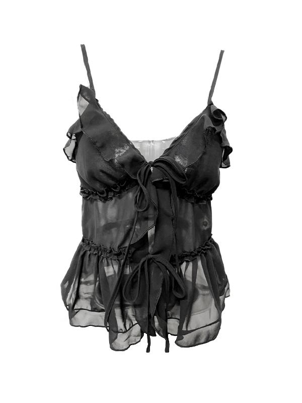 See Through Ruffled Trim Tie Up Cami Top Product Image