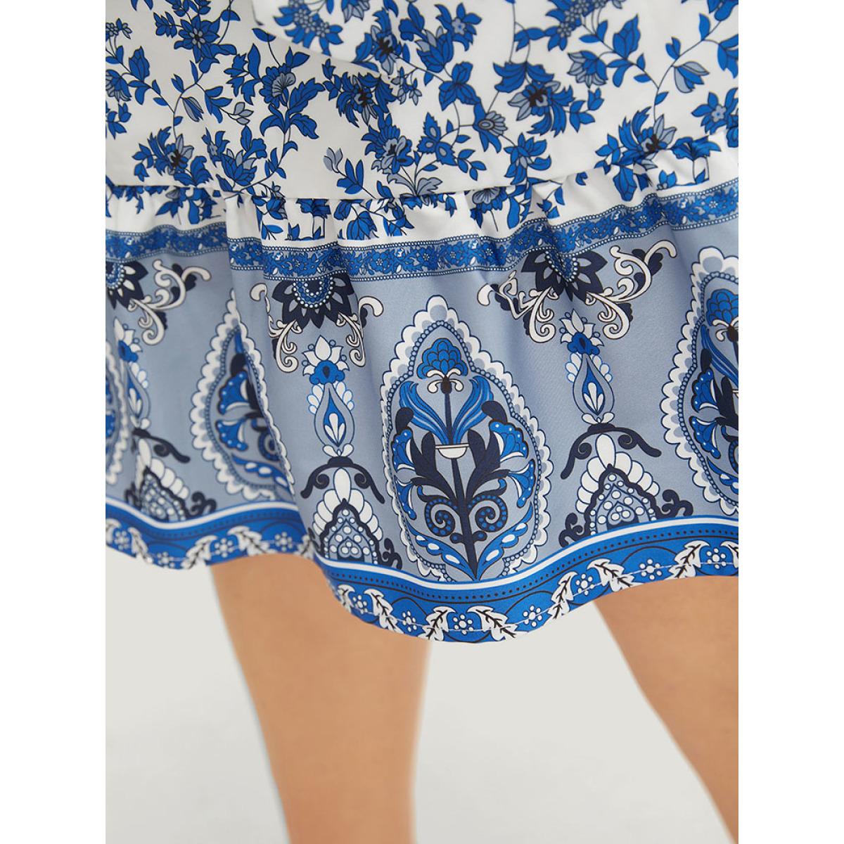 Plus Size Bandana Print Halter Ruffle Hem Pocket Belt Paisley Dress Indigo Women Vacation Belted Halter neck Sleeveless Curvy Knee Dress BloomChic 28/5X Product Image