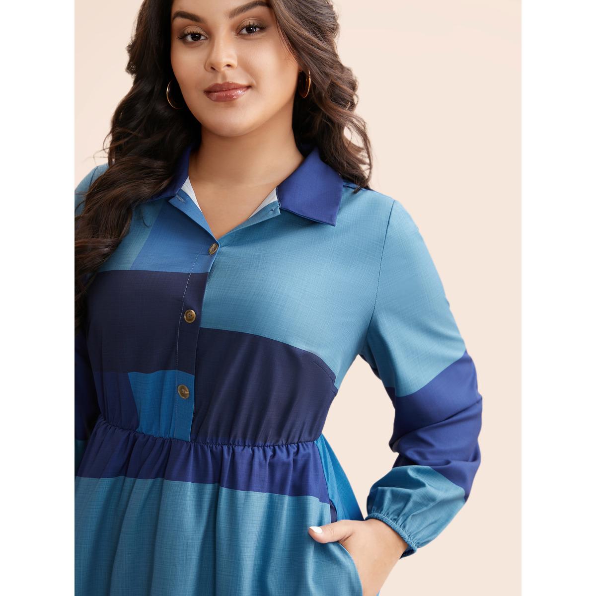 Plus Size Shirt Collar Colorblock Contrast Midi Dress DarkBlue Women Elegant Contrast Shirt collar Long Sleeve Curvy BloomChic 12/L Product Image