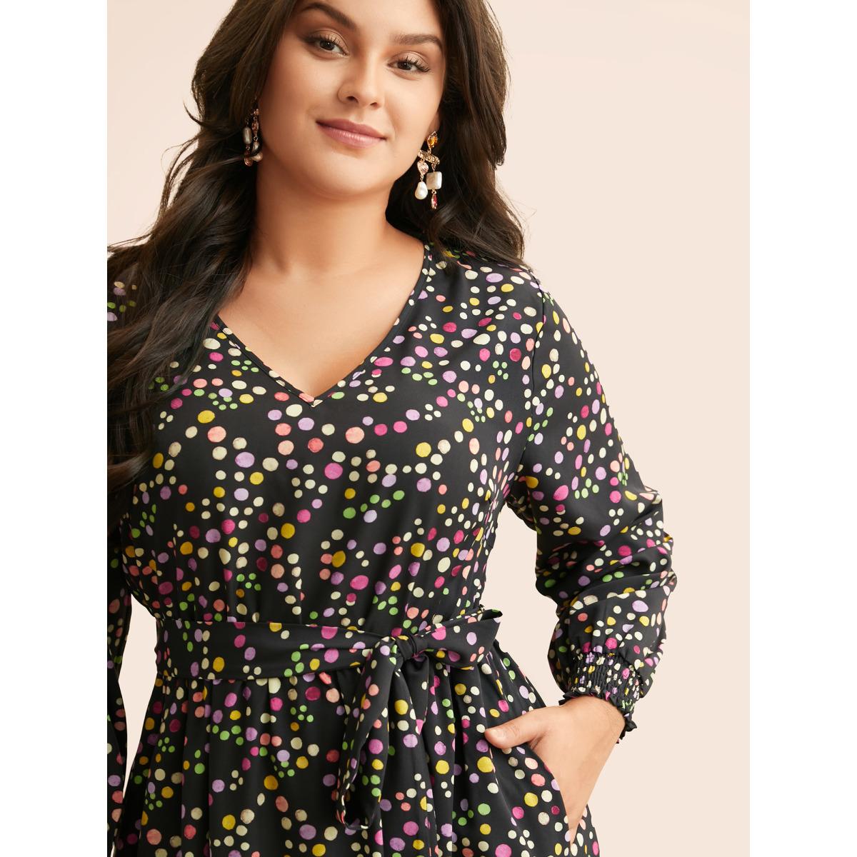 Plus Size Polka Dot Shirred Belted Split Hem Dress Black Women Elegant Belted V-neck Long Sleeve Curvy BloomChic 14-16/1X Product Image