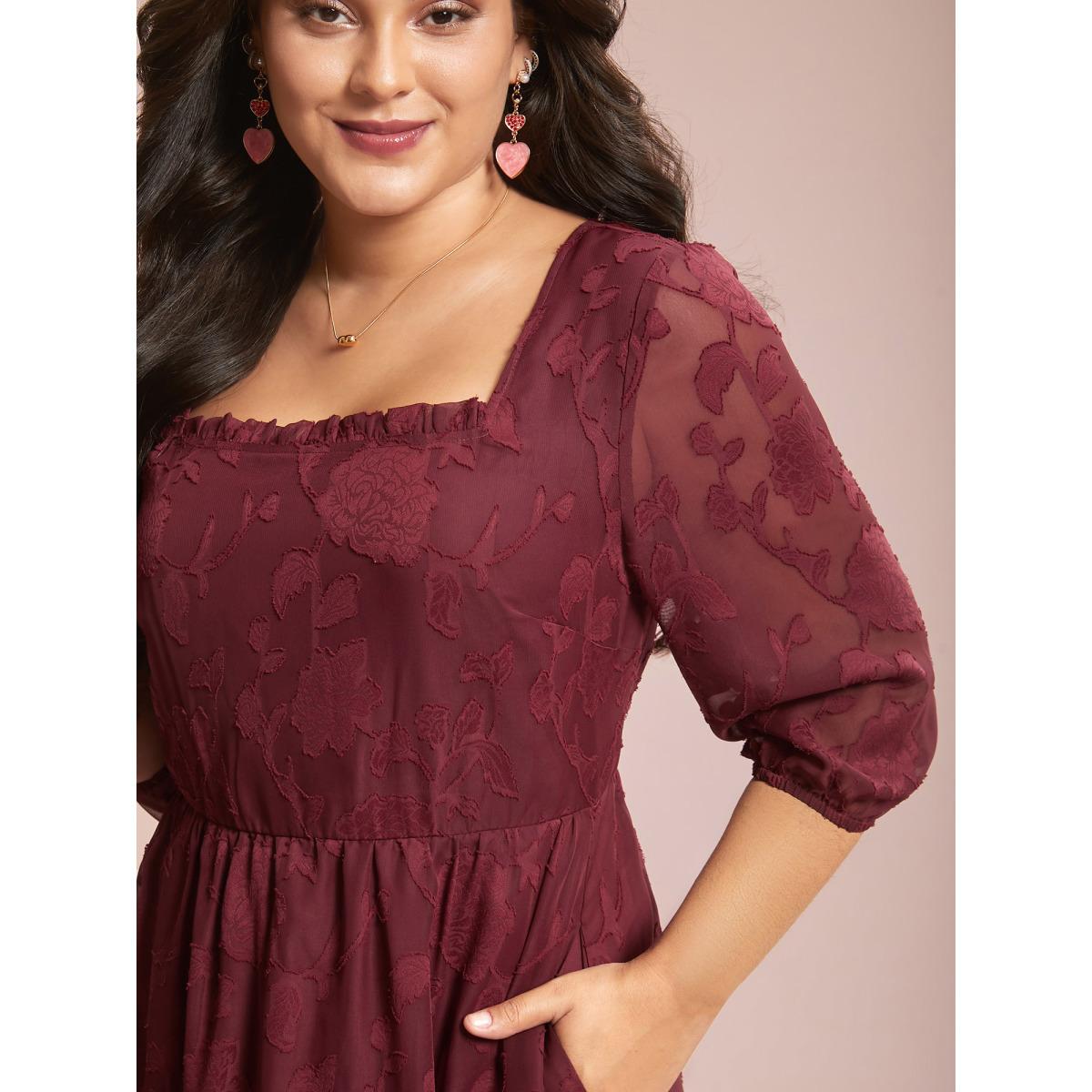 Plus Size Floral Frill Trim Stretchy-Waist Sheer Midi Dress Burgundy Women Elegant Texture Square Neck Elbow-length sleeve Curvy BloomChic 22-24/3X Product Image