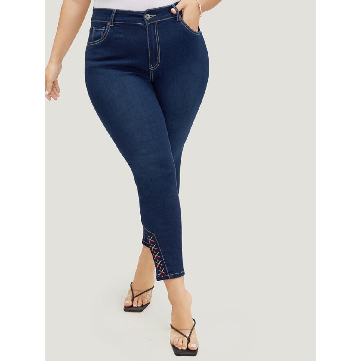 Plus Size Very Stretchy High Rise Dark Wash Geometric Embroidered Jeans Women Indigo Casual Plain Embroidered High stretch Pocket Jeans BloomChic 28/5X Product Image