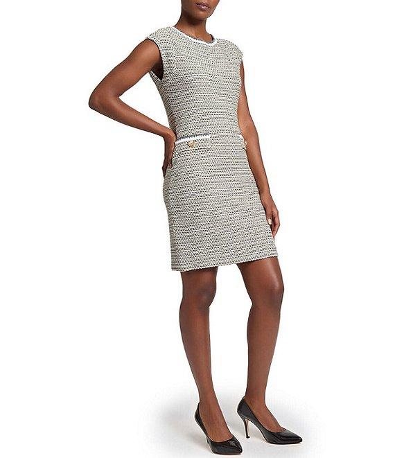 Ming Wang x Tanya Foster Tweed Knit Round Neck Cap Sleeve Sheath Dress Product Image