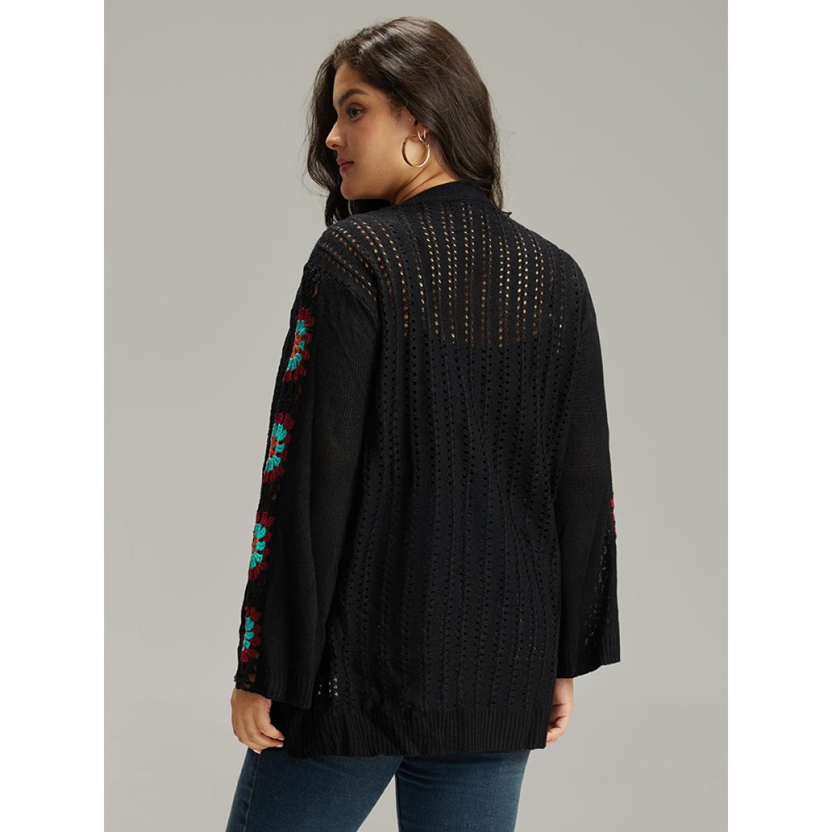 Plus Size Plain Hollow Out Patchwork Cardigan Black Women Casual Loose Long Sleeve Dailywear Cardigans BloomChic 18-20/2X Product Image
