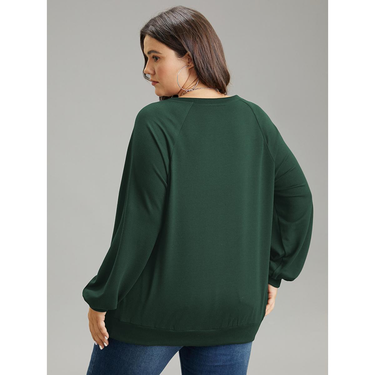 Plus Size Solid Rib Knit Cut Out Raglan Sleeve Sweatshirt Women Green Casual Rib Knit Keyhole Cut-Out Everyday Sweatshirts BloomChic 26/4X Product Image