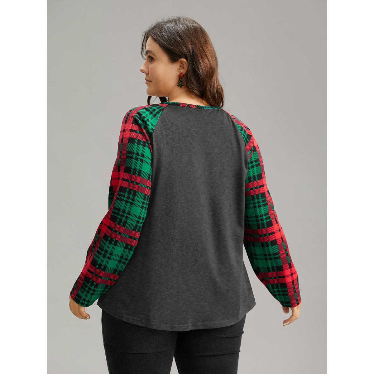 Plus Size Plaid Contrast Notched Raglan Sleeve T-shirt Gray Women Casual Contrast Plaid Festival-Christmas T-shirts BloomChic 18-20/2X Product Image