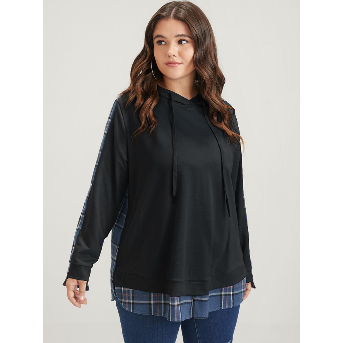 Plus Size Plaid Contrast Asymmetrical Drawstring Hooded Sweatshirt Women Black Casual Contrast Loose Hooded Dailywear Sweatshirts BloomChic 30/6X Product Image