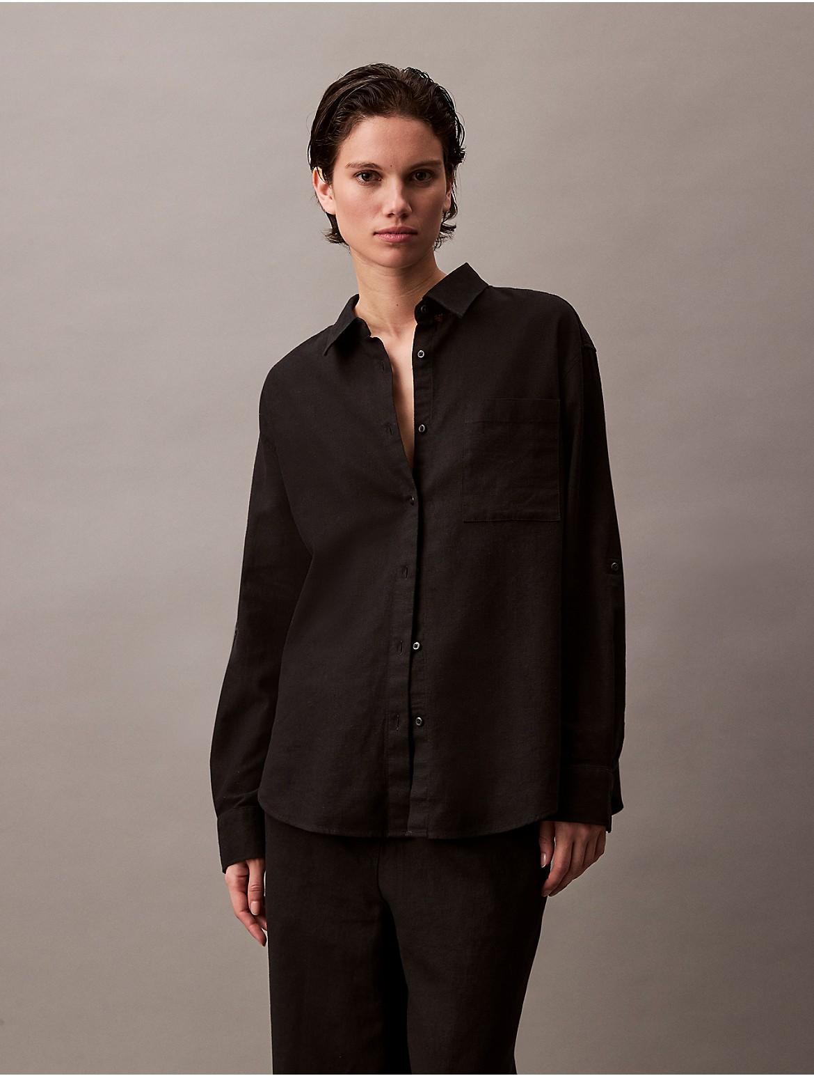 Calvin Klein Women's Linen Cotton Utility Relaxed Button-Down Shirt - Black - M Product Image