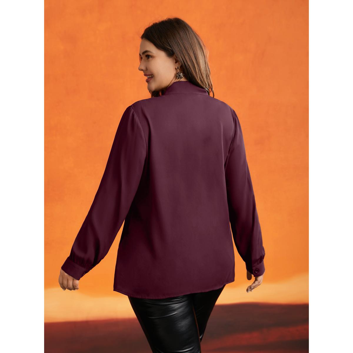 Plus Size Plum Lace-Trimmed Adjustable Ties Blouse Women Elegant Long Sleeve Ribbon-tied collar Everyday Blouses BloomChic 12/L Product Image
