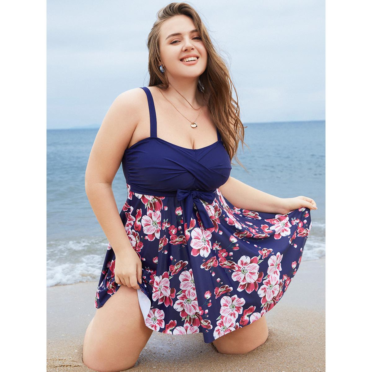 Plus Size Floral Print Knotted Twist Front A Line Swim Dress Women's Swimwear Indigo Vacation Bodycon High stretch Curve Swim Dresses BloomChic 30/6X Product Image