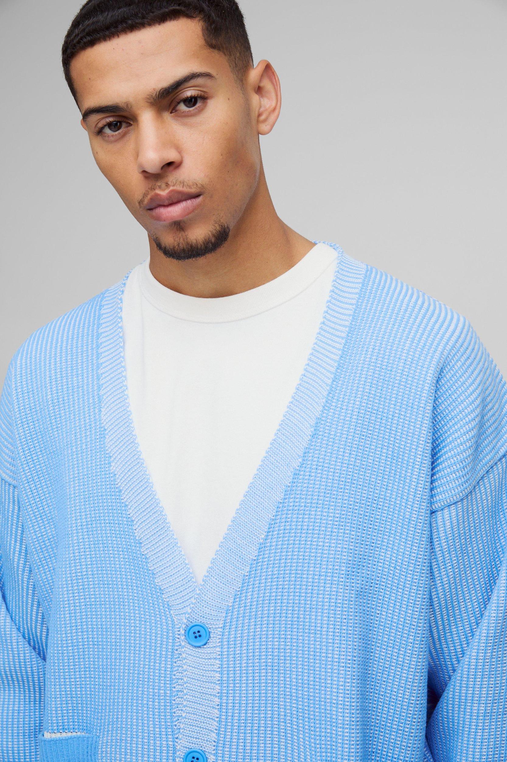 Oversized Boxy Dropped Shoulder Plated Ribbed Knitted Cardigan | boohooMAN USA Product Image