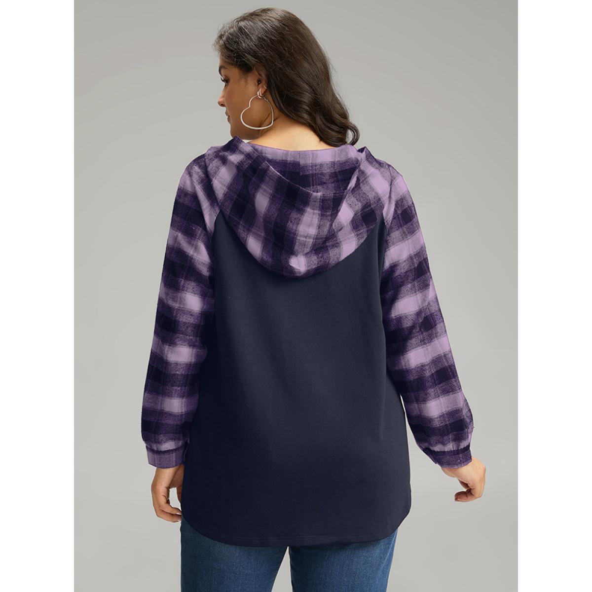 Plus Size Plaid Print Hooded Patchwork Sweatshirt Women Indigo Leisure Patchwork Hooded Casual Sweatshirts BloomChic 26/4X Product Image