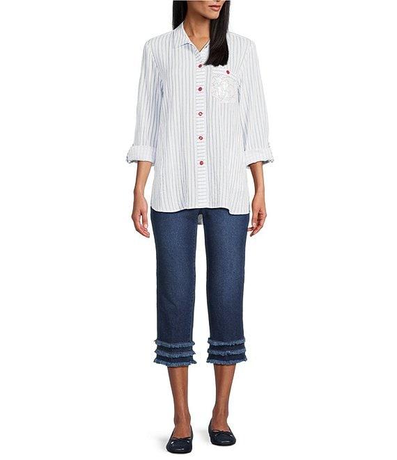 Multiples Crinkle Woven Stars And Stripe Printed Point Collar Long Roll-Tab Sleeve Hi-Low Hem Button Front Shirt Product Image