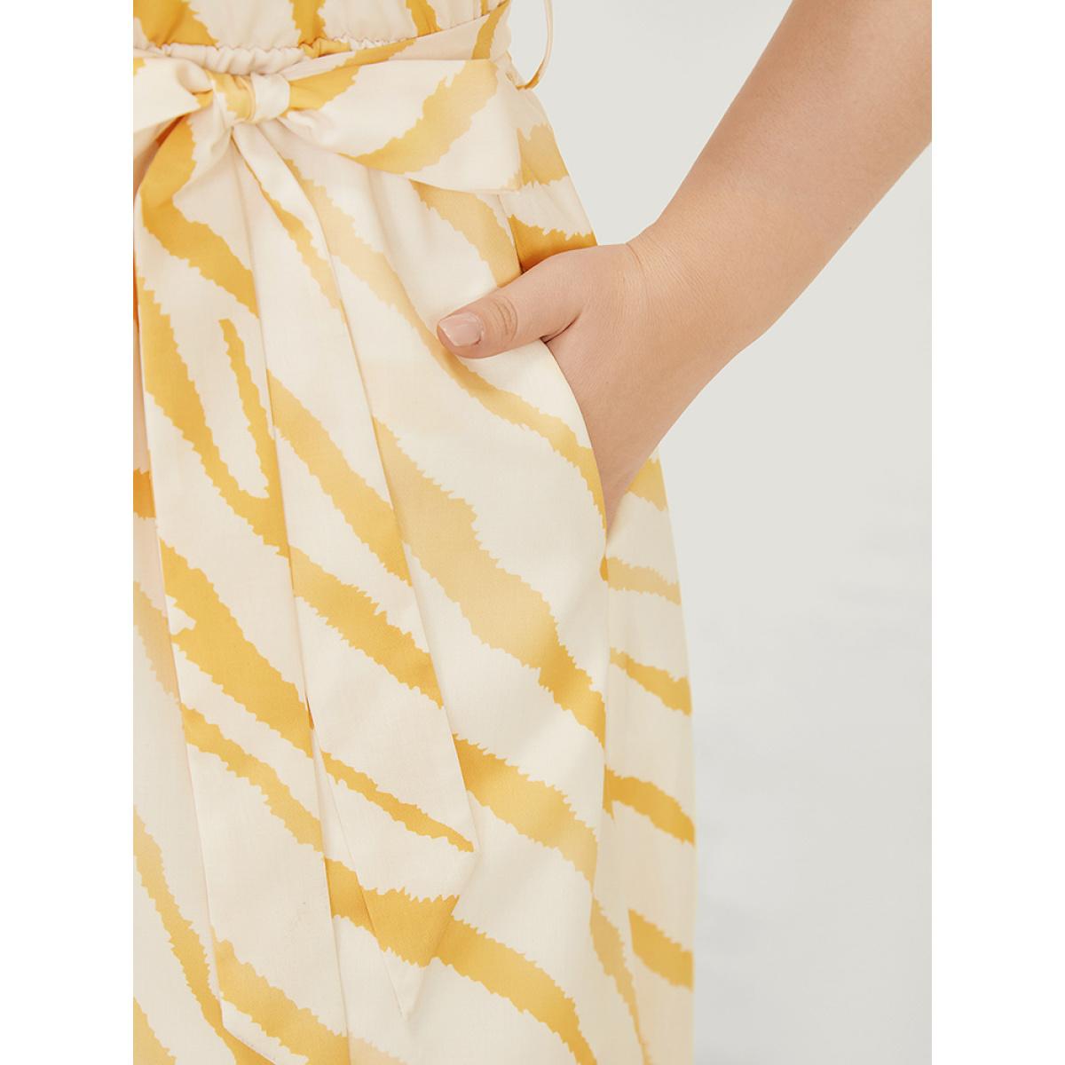 Plus Size Zebra Print Wrap Pocket Belt Ruffle Sleeve Split Dress Yellow Women Elegant Wrap V-neck Short sleeve Curvy Midi Dress BloomChic 18-20/2X Product Image