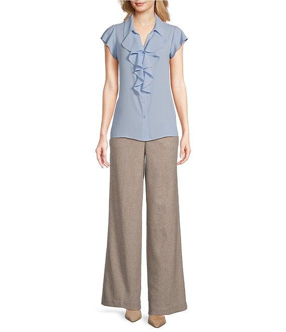 Calvin Klein Georgette Ruffle-Front Point Collar Short Sleeve Top Product Image