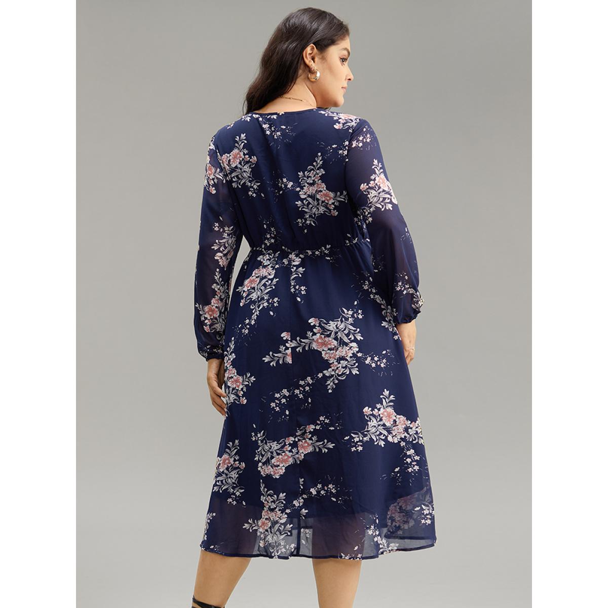 Plus Size Floral Print Knot Neck Pocket Dress DarkBlue Women Elegant See through Tie Neck Long Sleeve Curvy Midi Dress BloomChic 14-16/1X Product Image